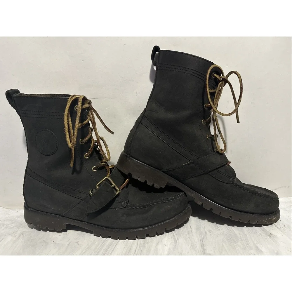 Polo Ralph Lauren Ranger Boots Black Leather Buckle Mens 10D Lug Combat Boot